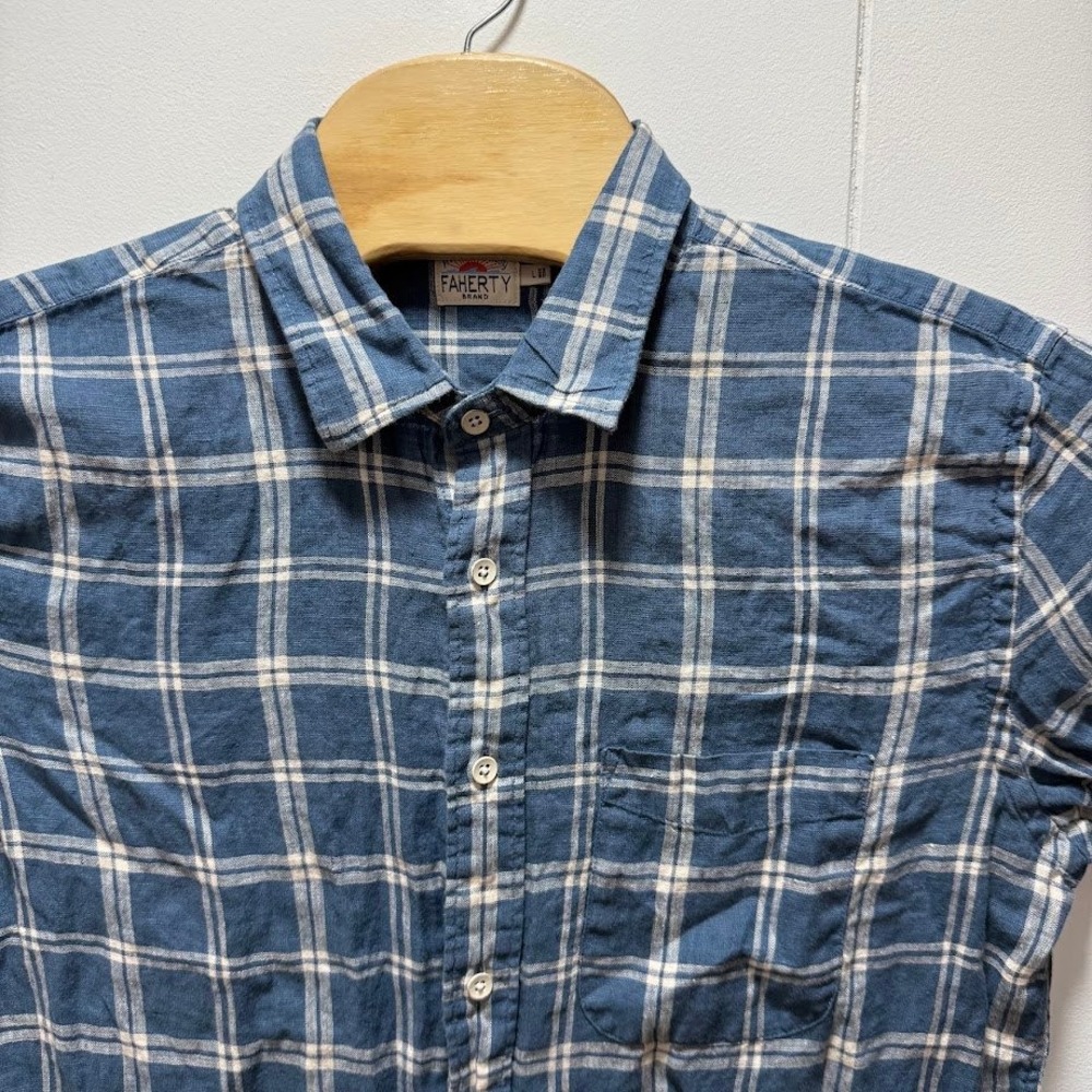 Faherty Brand Mens Blue White Plaid 100% Linen Button Down Shirt Large - Picture 2 of 7